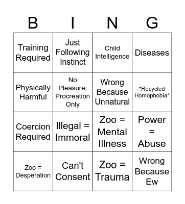 Bestiality Misinformation Bingo Card