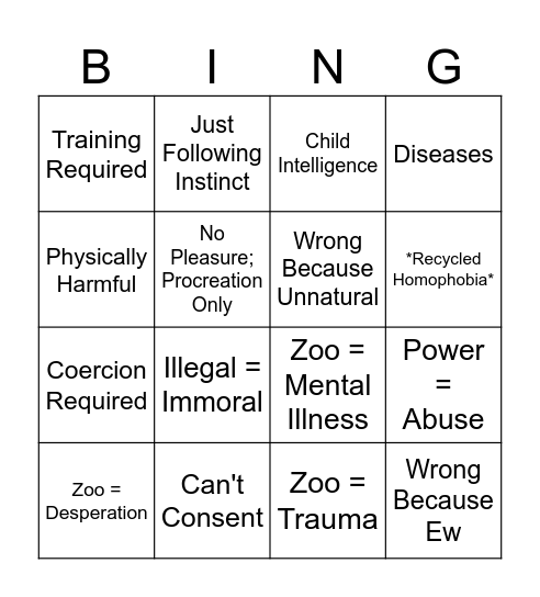 Bestiality Misinformation Bingo Card