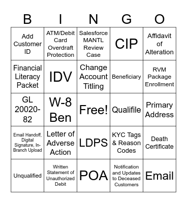 MANTL Consumer New Account Bingo Card