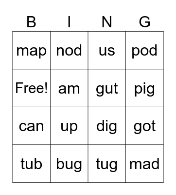 CVC Bingo (Lessons 1-17) Bingo Card