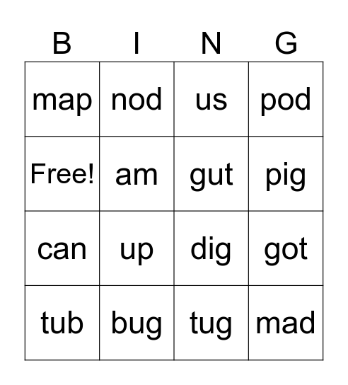 CVC Bingo (Lessons 1-17) Bingo Card