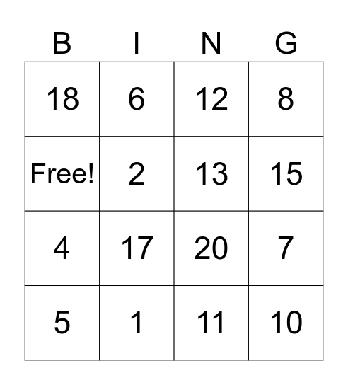 Number Bingo Card