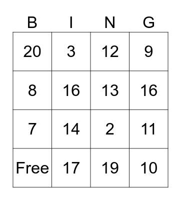 Number Bingo Card