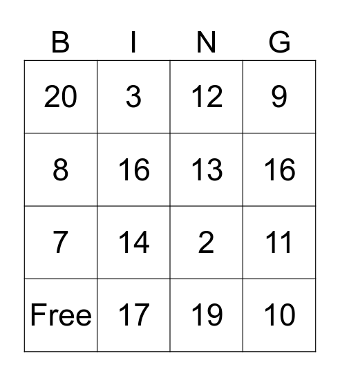Number Bingo Card