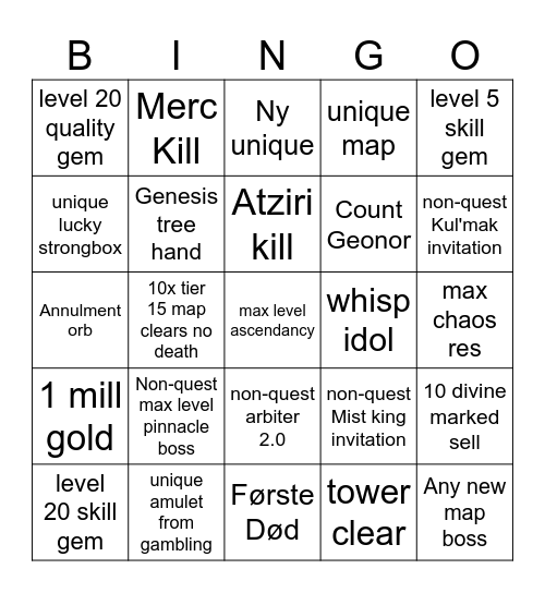 PoE 2 League 0.5 Bingo Card