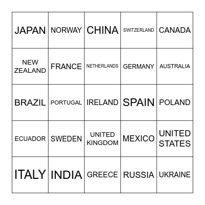 International Tributes Bingo Card