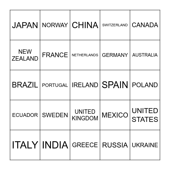 International Tributes Bingo Card