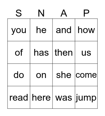 Snap Word Bingo! Bingo Card