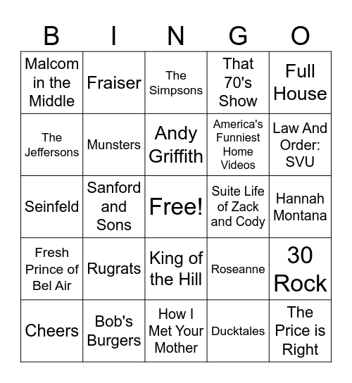 TV Show Theme Songs Bingo Card