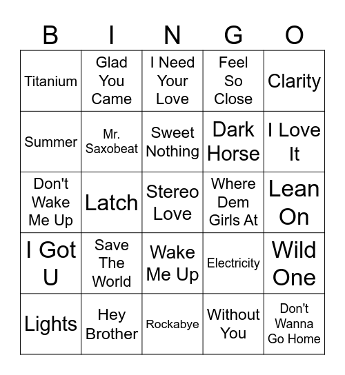 Club Bangers Bingo Card