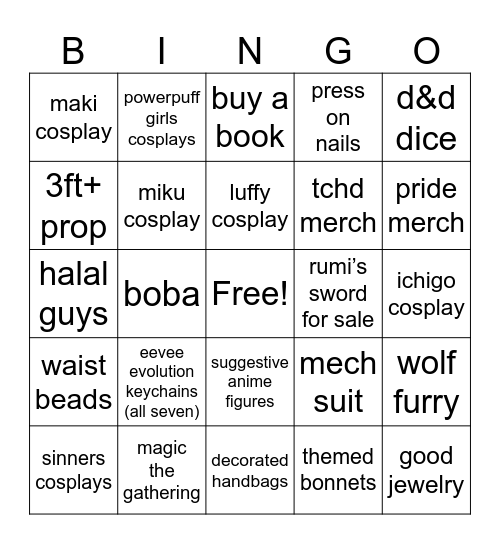Niké Dream Con Bingo Card