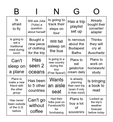 Pre-Travel Bingo: Find Someone Who... Bingo Card