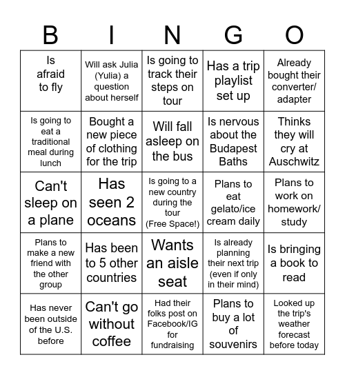 Pre-Travel Bingo: Find Someone Who... Bingo Card