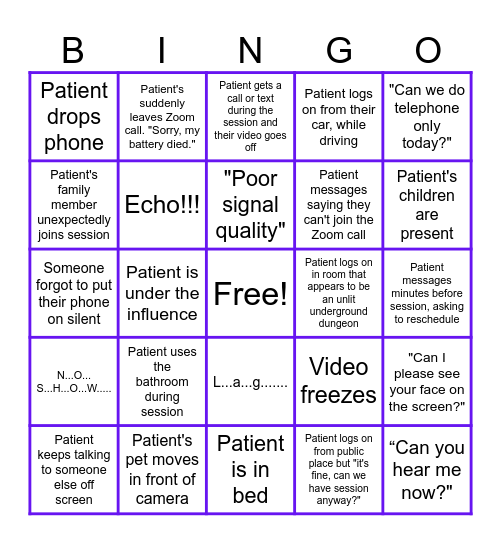 Therapist Bingo Card