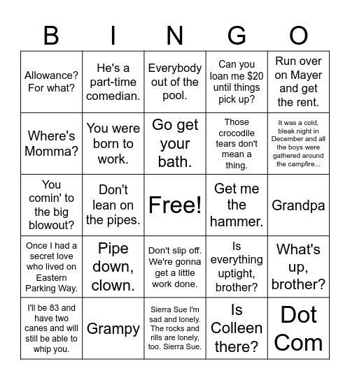 Melvinisms Bingo Card