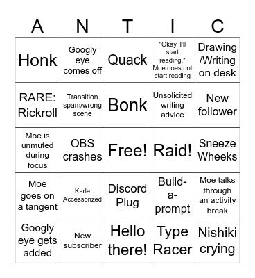Antics Stream Bingo Card
