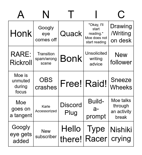 Antics Stream Bingo Card