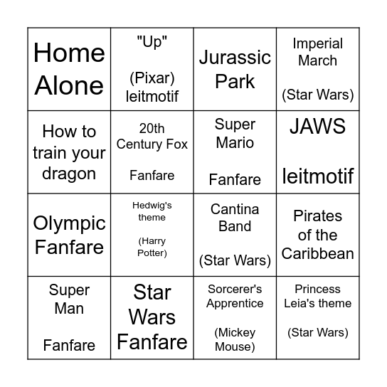 Movie Music, fanfares, & more! Bingo Card
