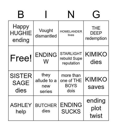 THE BOYS FINALE Bingo Card