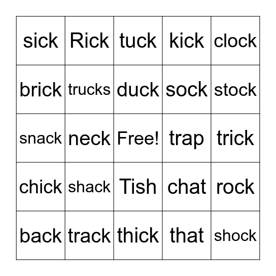 4.4 -ck (digraph review) Bingo Card