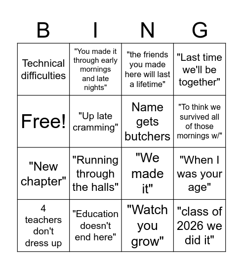 Class of 2026 Bingo Card