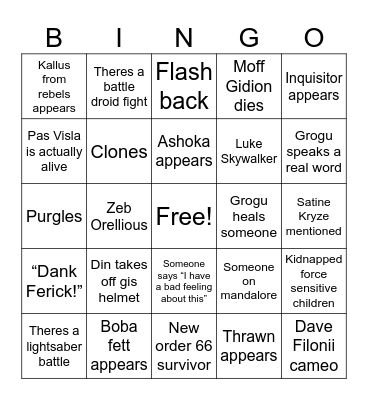 Mando and Grogu movie Bingo Card