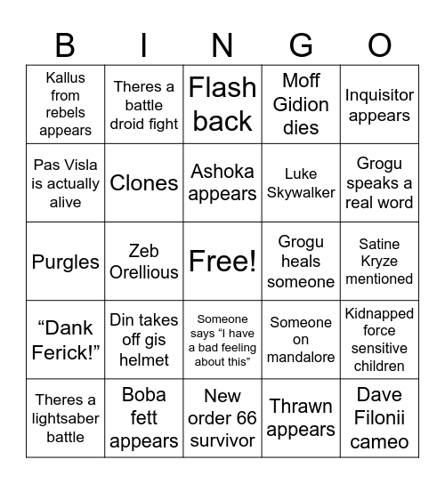 Mando and Grogu movie Bingo Card