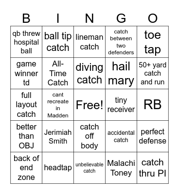 Greatest Catches CFB All Time Bingo Card