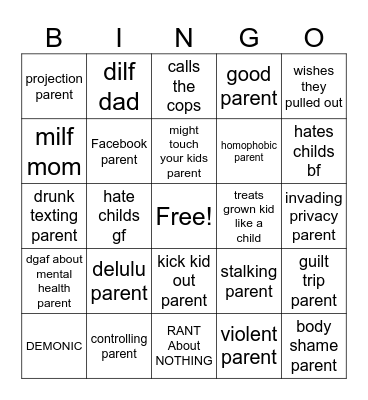 r/insaneParents Bingo Card