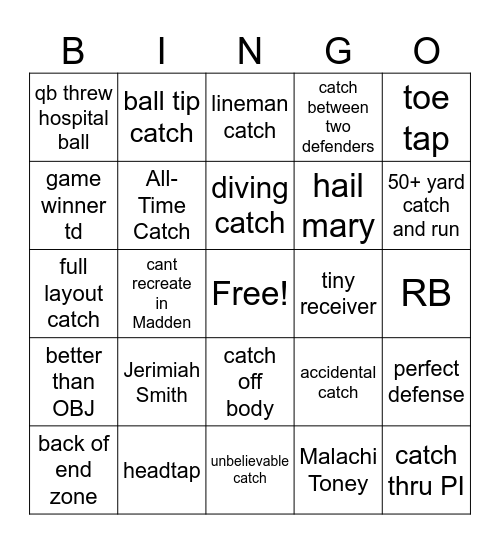 Greatest Catches CFB All Time Bingo Card