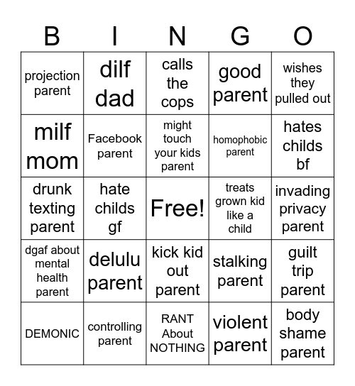 r/insaneParents Bingo Card