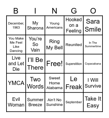 70's Hits Bingo Card