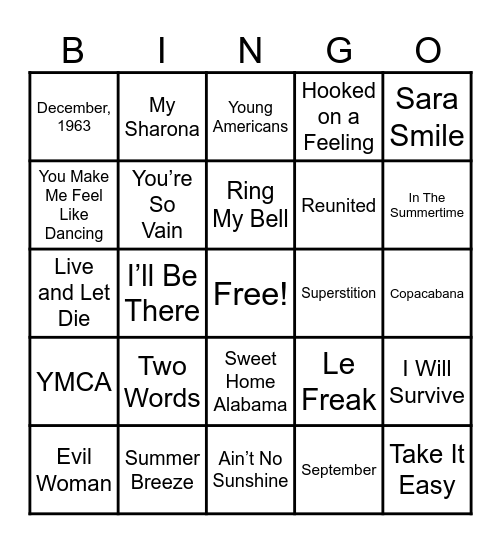 70's Hits Bingo Card