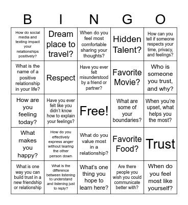 Healthy Relationships Bingo Card
