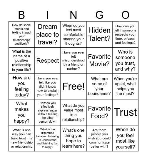 Healthy Relationships Bingo Card