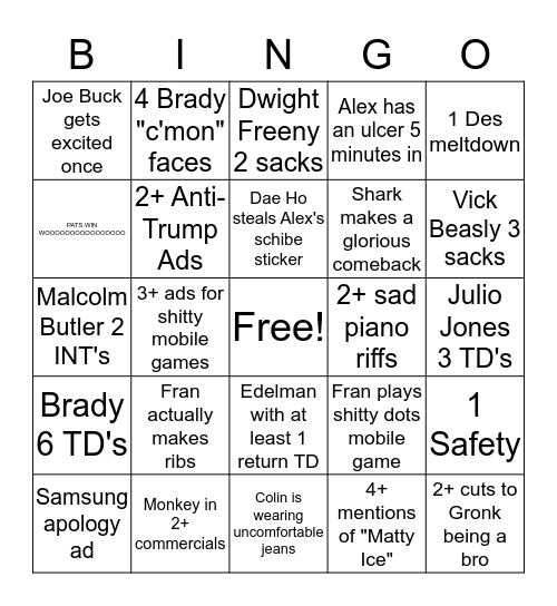 2017 Super Bowl Bingo Card