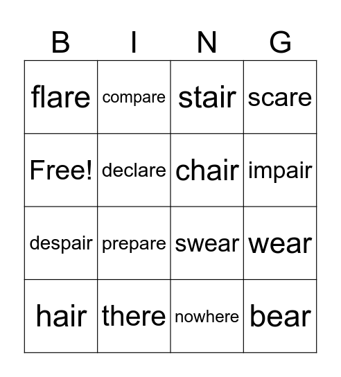 ere ear ear air Bingo Card