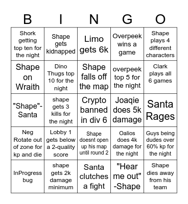 Div 1 and 6 Bingo Card