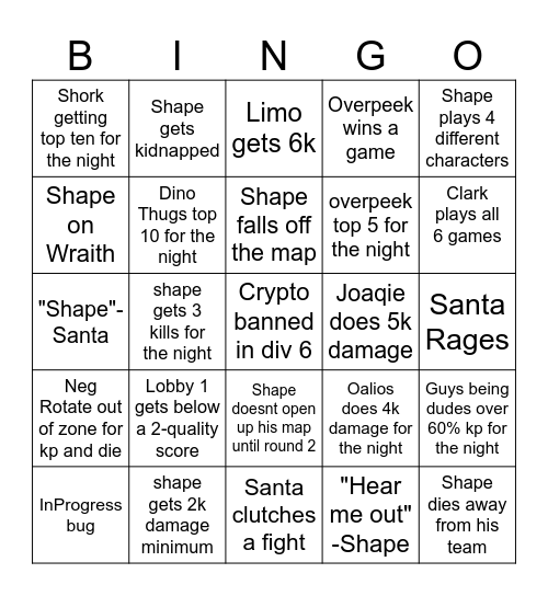 Div 1 and 6 Bingo Card
