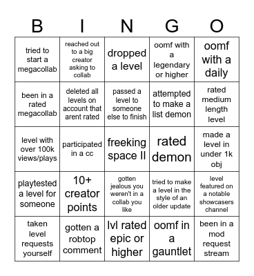 GD Creator Bingo Card