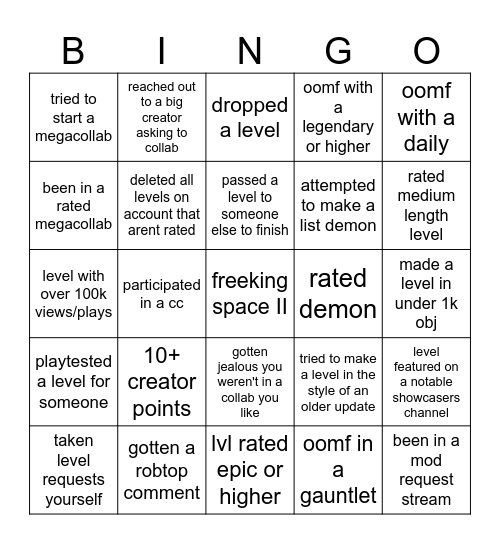 GD Creator Bingo Card