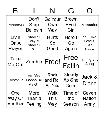Rock & Roll Bingo Card
