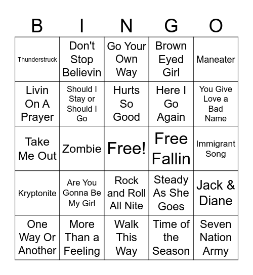 Rock & Roll Bingo Card