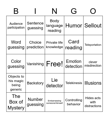 Harris the Mentalist BINGO Card