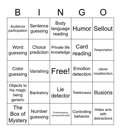Harris the Mentalist BINGO Card