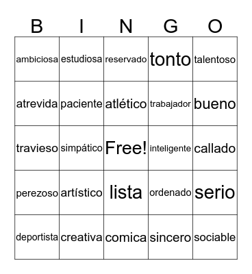 Spanish adjectives Bingo Card