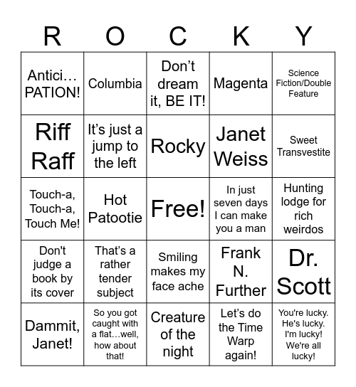 Rocky Horror Bingo Card