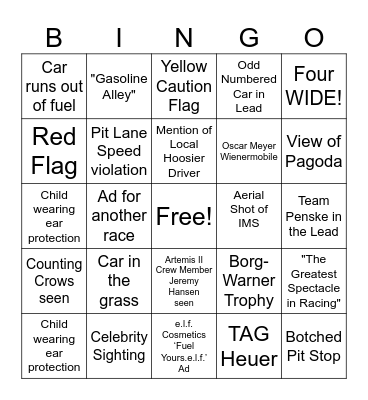2026 Indy 500 Bingo Card