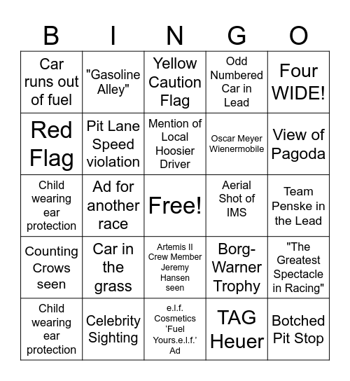 2026 Indy 500 Bingo Card