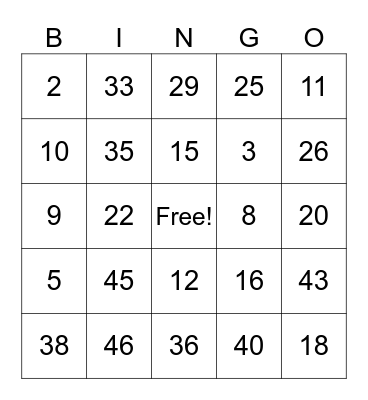 1-50 Bingo Card